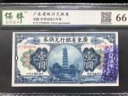 ★290元出 全新66分 省立 广东省银行1元 蓝色花塔
