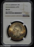 【德藏专卖】德国1911年绍姆堡利普3马克 MS64 五彩 顶级好品
