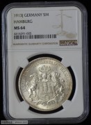 【德藏专卖】德国1913年汉堡5马克 MS64 原光 BU 顶级品相