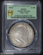 【全能菜鸟】德国1902年巴登弗里德里希登基50周年纪念5马克 PCGS MS65