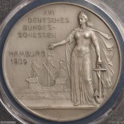 【德藏】德国1909年汉堡德意志联邦射击节城市景观银章 PCGS SP64