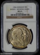 【德藏专卖】德国1906年巴登金婚5马克 MS65