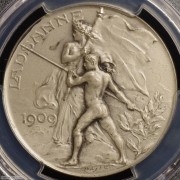 【德藏】瑞士1909年洛桑体育节城市景观银章 PCGS SP65