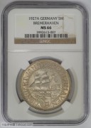 【全能菜鸟】德国1927年魏玛不莱梅港5马克 MS66